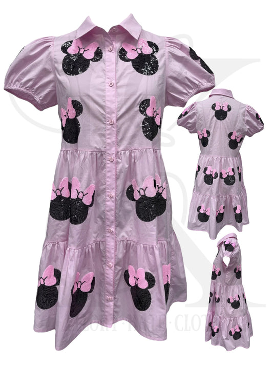 PRESALE - Pink Tiered Dress - Bow Mouse Sequins - KIDS