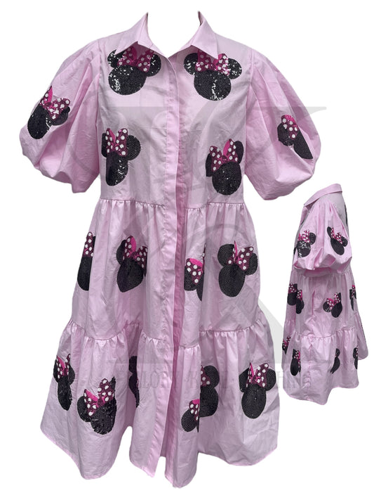 PRESALE - Pink Tiered Dress - Bow Mouse Sequins - KIDS